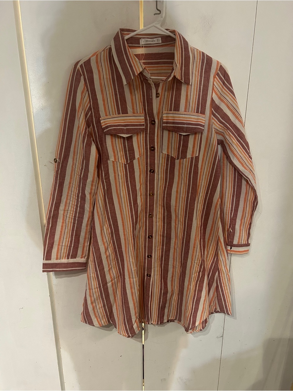 Striped Longline Shirt Jacket - Rust & Beige